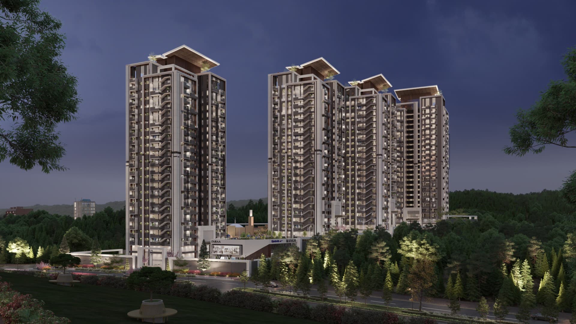 360 The Residences illuminated at night